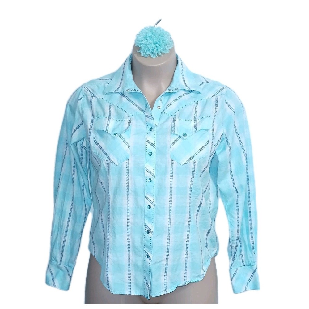 Ariat Western Women Snap Button Shirt Top Large Aqua Plaid Cowgirl Rodeo Ranch
